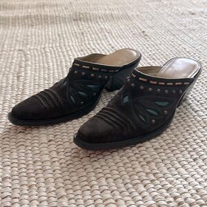 Cole Haan Black and Blue Leather Mules with Perforated Design